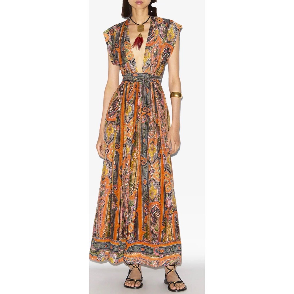 Isabel Marant Melissa Orange Paisley Print Maxi Dress V-Neck Sz 34 US 2 Gown NWT
